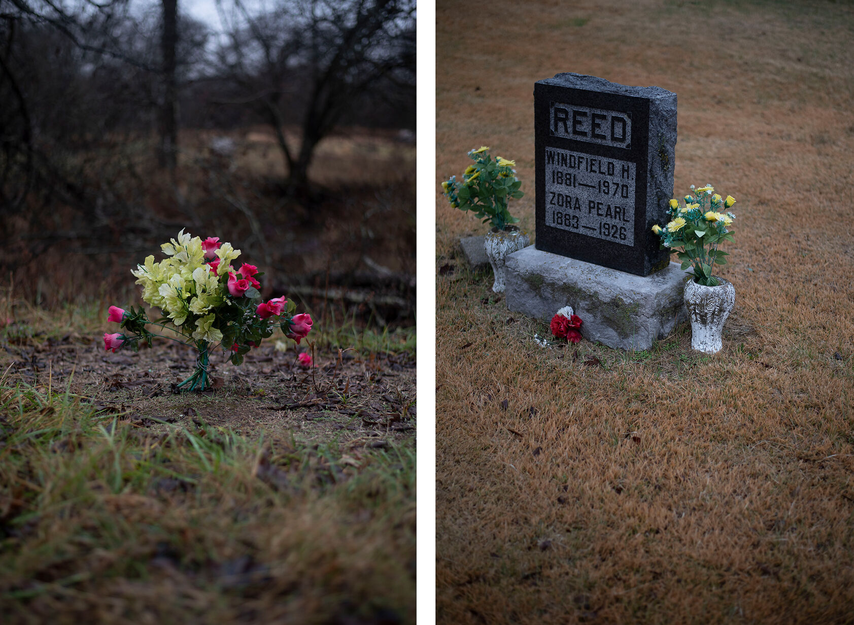 Flowers are stuck in the dirt in memory of my great-grandmother, Wilma Reed
